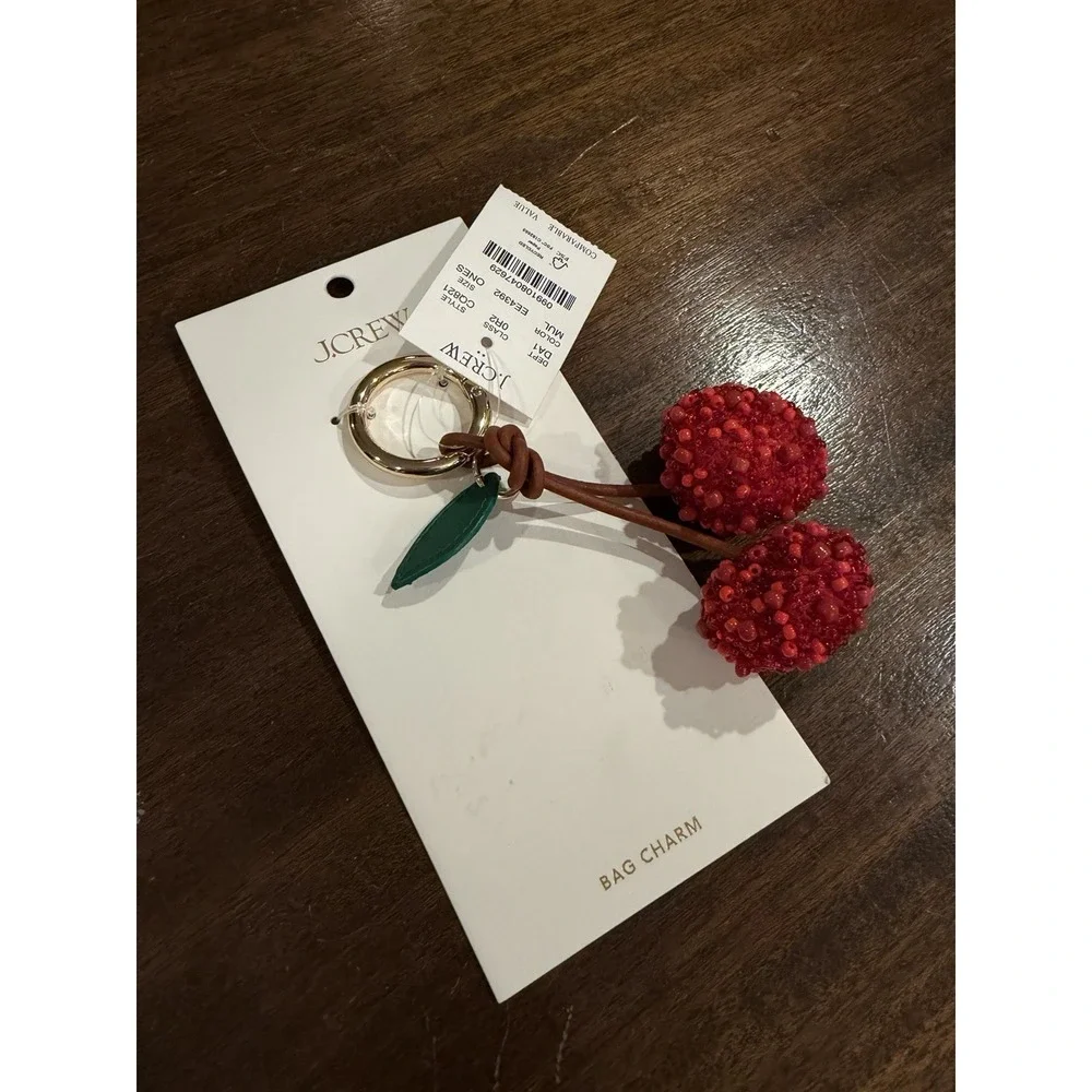 J.Crew Factory Beaded Cherry Bag Charm Keychain Red Green Multi-Color CQ821 New